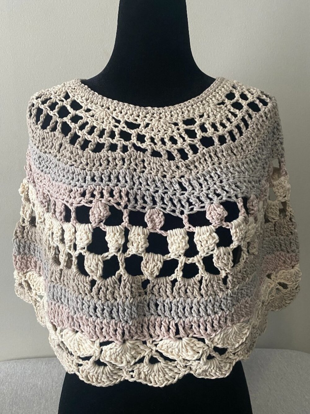 Handmade Crochet Muted Pink Blue Grey Cream Beige Cotton Acrylic Capelet